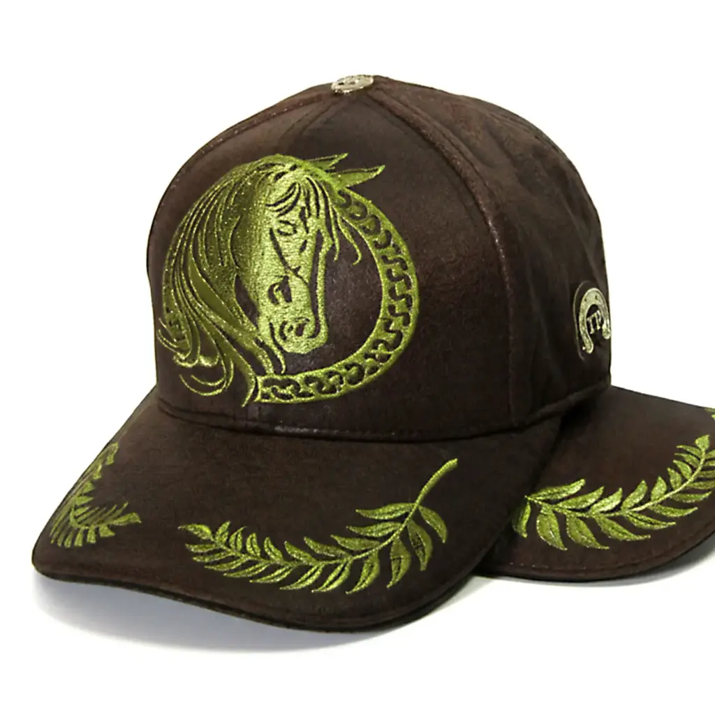 Gorra Trocha Pura Cuerina café Logo Caballo Dorado