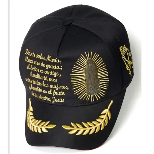 [G486] Gorra Bélica Virgen María Logo Metálico Dorado negra